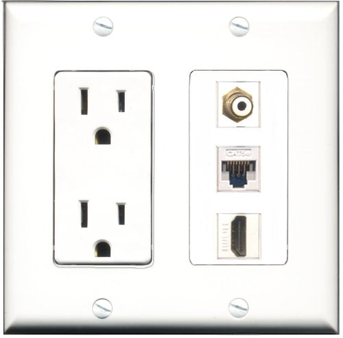 RiteAV - 15 Amp Power Outlet 1 Port HDMI 1 Port RCA White 1 Port Cat5e Ethernet White Decorative Wall Plate