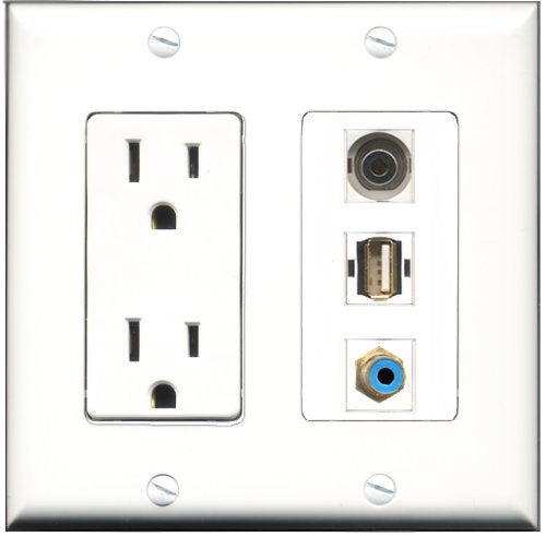 RiteAV - 15 Amp Power Outlet 1 Port RCA Blue 1 Port USB A-A 1 Port 3.5mm Decorative Wall Plate
