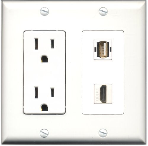 RiteAV - 15 Amp Power Outlet and 1 Port HDMI and 1 Port USB A-A Decorative Type Wall Plate White