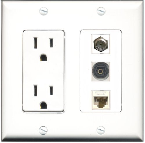 RiteAV - 15 Amp Power Outlet 1 Port Coax 1 Port Toslink 1 Port Cat6 Ethernet Ethernet White Decorative Wall Plate