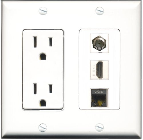 RiteAV - 15 Amp Power Outlet 1 Port HDMI 1 Port Coax 1 Port Shielded Cat6 Ethernet Ethernet Decorative Wall Plate