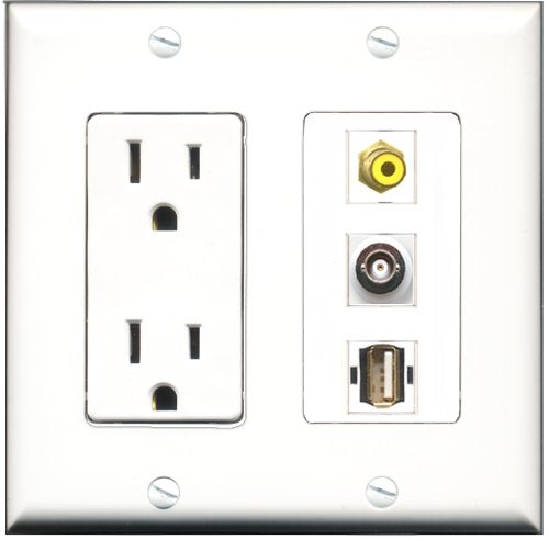 RiteAV - 15 Amp Power Outlet 1 Port RCA Yellow 1 Port USB A-A 1 Port BNC Decorative Wall Plate