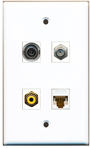 RiteAV - 1 Port RCA Yellow 1 Port Coax Cable TV- F-Type 1 Port 3.5mm 1 Port Cat6 Ethernet White Wall Plate