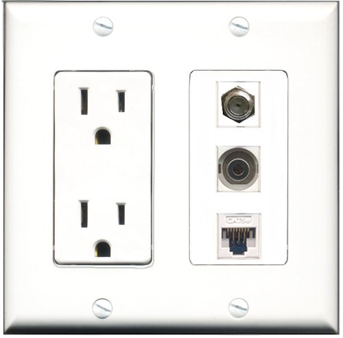 RiteAV - 15 Amp Power Outlet 1 Port Coax 1 Port 3.5mm 1 Port Cat5e Ethernet White Decorative Wall Plate