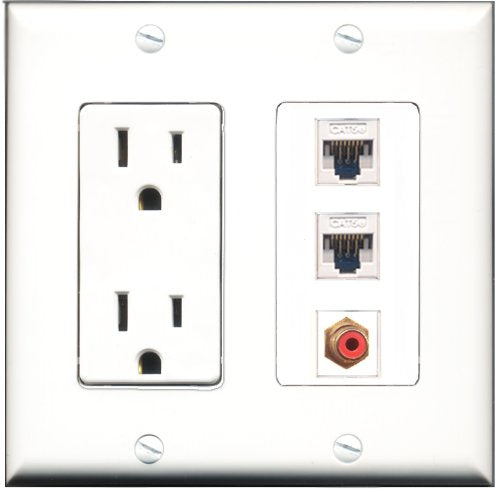 RiteAV - 15 Amp Power Outlet 1 Port RCA Red 2 Port Cat5e Ethernet White Decorative Wall Plate