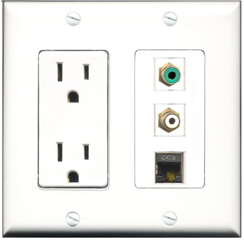 RiteAV - 15 Amp Power Outlet 1 Port RCA White 1 Port RCA Green 1 Port Shielded Cat6 Ethernet Ethernet Decorative Wall Plate