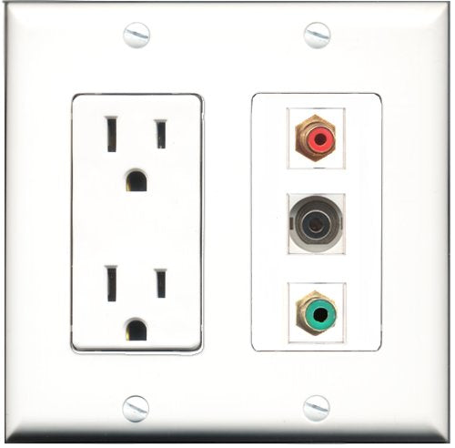 RiteAV - 15 Amp Power Outlet 1 Port RCA Red 1 Port RCA Green 1 Port 3.5mm Decorative Wall Plate