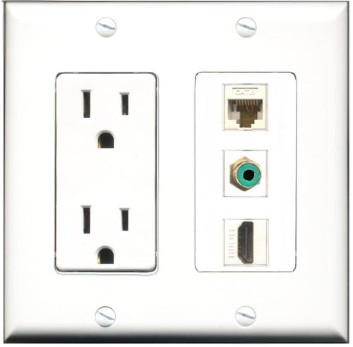 RiteAV - 15 Amp Power Outlet 1 Port HDMI 1 Port RCA Green 1 Port Cat6 Ethernet Ethernet White Decorative Wall Plate