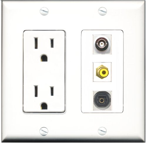 RiteAV - 15 Amp Power Outlet 1 Port RCA Yellow 1 Port Toslink 1 Port BNC Decorative Wall Plate