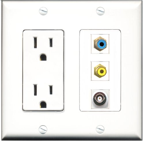 RiteAV - 15 Amp Power Outlet 1 Port RCA Yellow 1 Port RCA Blue 1 Port BNC Decorative Wall Plate