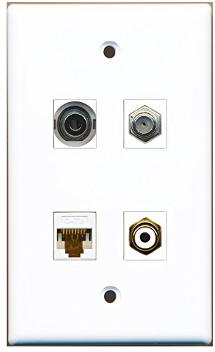 RiteAV - 1 Port RCA White 1 Port Coax Cable TV- F-Type 1 Port 3.5mm 1 Port Cat6 Ethernet White Wall Plate