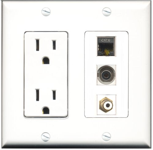 RiteAV - 15 Amp Power Outlet 1 Port RCA White 1 Port Shielded Cat6 Ethernet Ethernet 1 Port 3.5mm Decorative Wall Plate