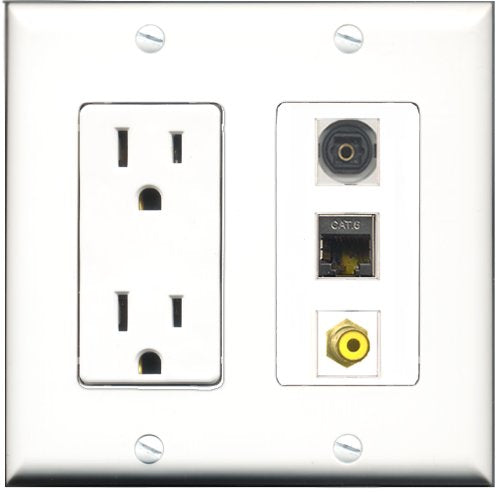 RiteAV - 15 Amp Power Outlet 1 Port RCA Yellow 1 Port Shielded Cat6 Ethernet Ethernet 1 Port Toslink Decorative Wall Plate