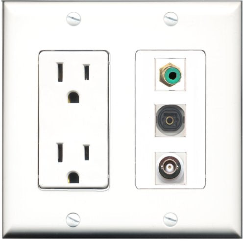 RiteAV - 15 Amp Power Outlet 1 Port RCA Green 1 Port Toslink 1 Port BNC Decorative Wall Plate