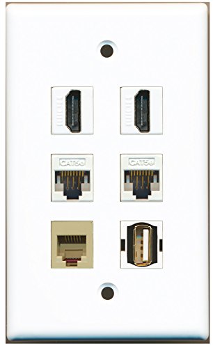RiteAV - 2 HDMI 1 Port USB A-A 1 Port Phone RJ11 RJ12 Beige 2 Port Cat5e Ethernet White Wall Plate