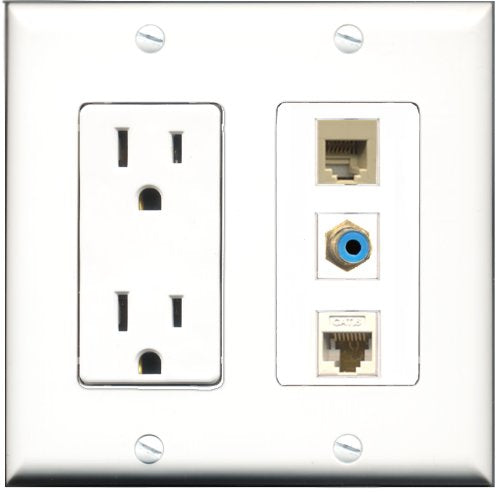 RiteAV - 15 Amp Power Outlet 1 Port RCA Blue 1 Port Phone Beige 1 Port Cat6 Ethernet Ethernet White Decorative Wall Plate