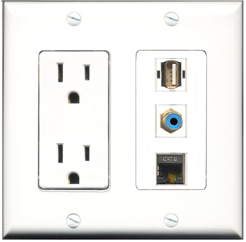 RiteAV - 15 Amp Power Outlet 1 Port RCA Blue 1 Port USB A-A 1 Port Shielded Cat6 Ethernet Ethernet Decorative Wall Plate