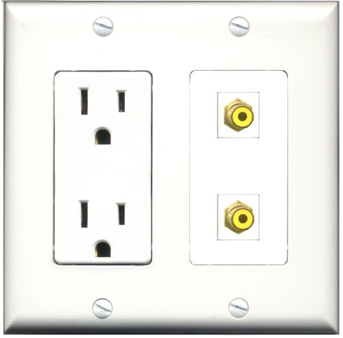 RiteAV - 15 Amp Power Outlet 2 Port RCA Yellow Decorative Type Wall Plate White