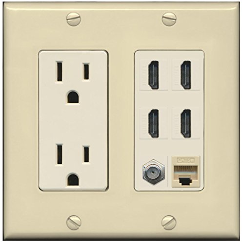 RiteAV 15A Power Outlet, 4 HDMI, 1 Cat5e Ethernet, 1 Coax Cable TV Wall Plate - Ivory/Light Almond