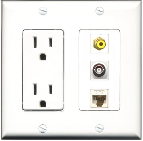RiteAV - 15 Amp Power Outlet 1 Port RCA Yellow 1 Port BNC 1 Port Cat6 Ethernet Ethernet White Decorative Wall Plate