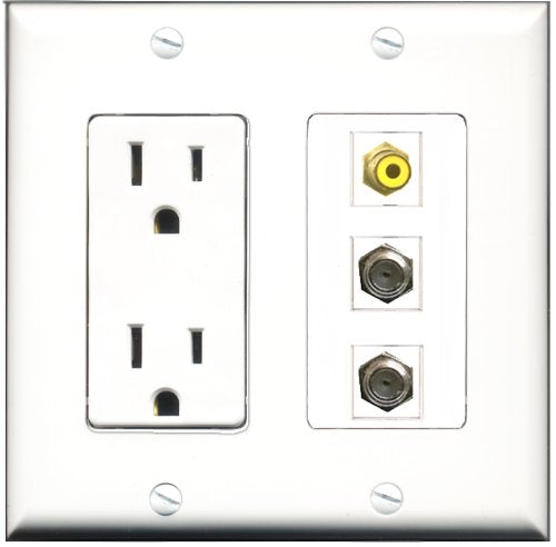 RiteAV - 15 Amp Power Outlet 1 Port RCA Yellow 2 Port Coax Decorative Wall Plate