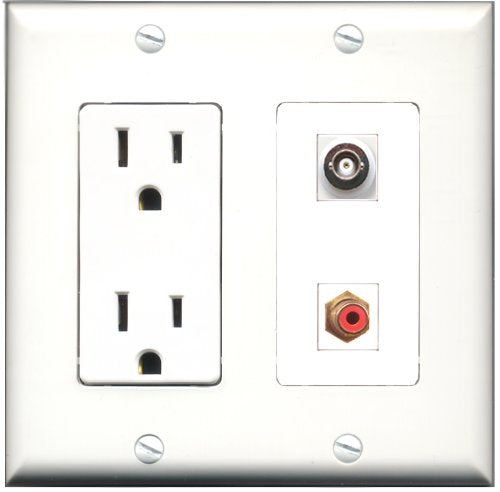 RiteAV - 15 Amp Power Outlet and 1 Port RCA Red and 1 Port BNC Decorative Type Wall Plate White