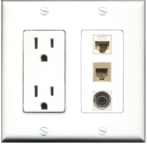 RiteAV - 15 Amp Power Outlet 1 Port Phone Beige 1 Port 3.5mm 1 Port Cat6 Ethernet Ethernet White Decorative Wall Plate