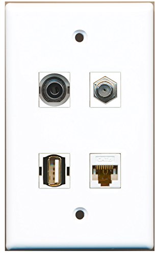 RiteAV - 1 Port Coax Cable TV- F-Type 1 Port USB A-A 1 Port 3.5mm 1 Port Cat6 Ethernet White Wall Plate