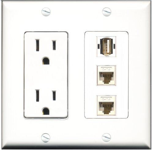 RiteAV - 15 Amp Power Outlet 1 Port USB A-A 2 Port Cat6 Ethernet Ethernet White Decorative Wall Plate