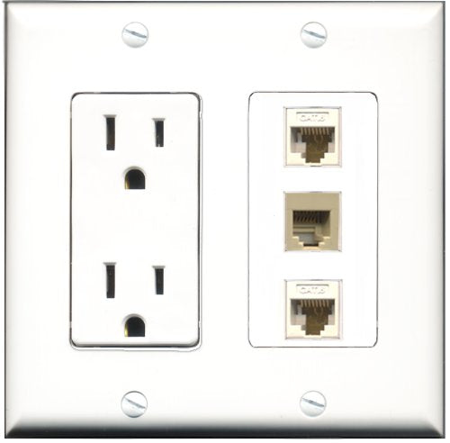 RiteAV - 15 Amp Power Outlet 1 Port Phone Beige 2 Port Cat6 Ethernet Ethernet White Decorative Wall Plate