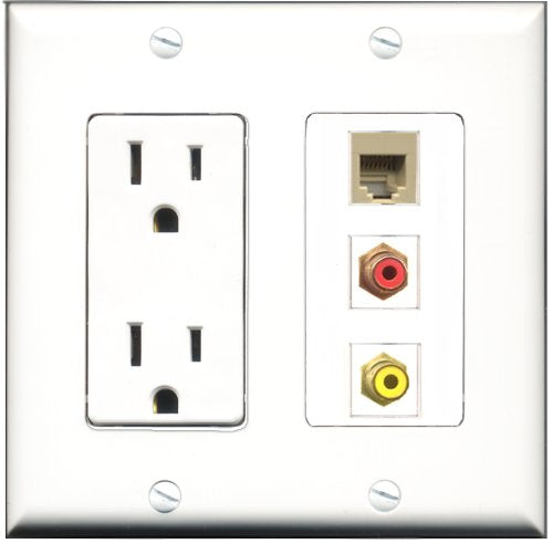 RiteAV - 15 Amp Power Outlet 1 Port RCA Red 1 Port RCA Yellow 1 Port Phone Beige Decorative Wall Plate
