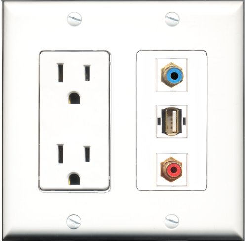 RiteAV - 15 Amp Power Outlet 1 Port RCA Red 1 Port RCA Blue 1 Port USB A-A Decorative Wall Plate