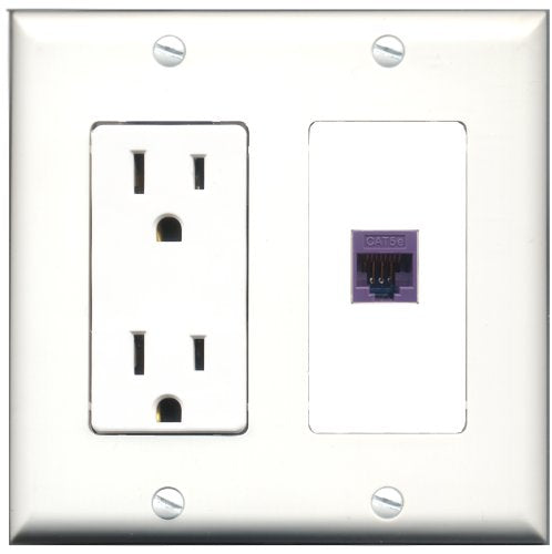 RiteAV - 15 Amp Power Outlet and 1 Port Cat5e Ethernet Purple Decorative Type Wall Plate White