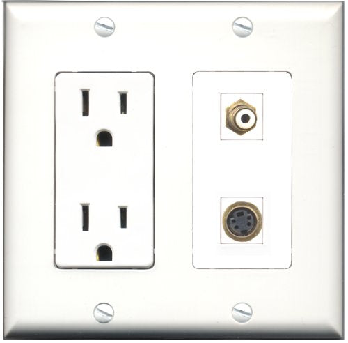 RiteAV - 15 Amp Power Outlet and 1 Port RCA White and 1 Port S-Video Decorative Type Wall Plate White