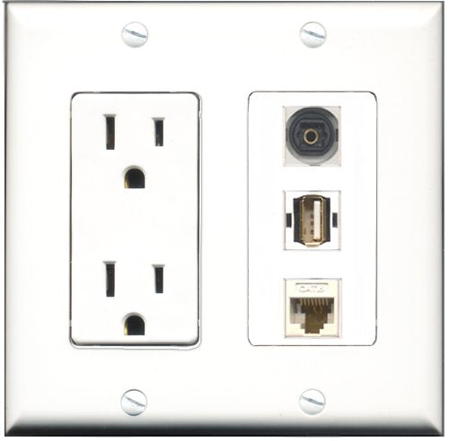 RiteAV - 15 Amp Power Outlet 1 Port USB A-A 1 Port Toslink 1 Port Cat6 Ethernet Ethernet White Decorative Wall Plate