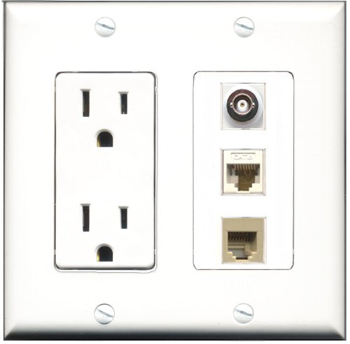 RiteAV - 15 Amp Power Outlet 1 Port Phone Beige 1 Port BNC 1 Port Cat6 Ethernet Ethernet White Decorative Wall Plate
