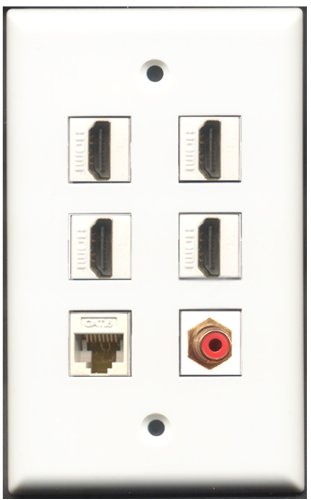 RiteAV - 4 Port HDMI 1 RCA Red 1 Cat6 Ethernet White Wall Plate