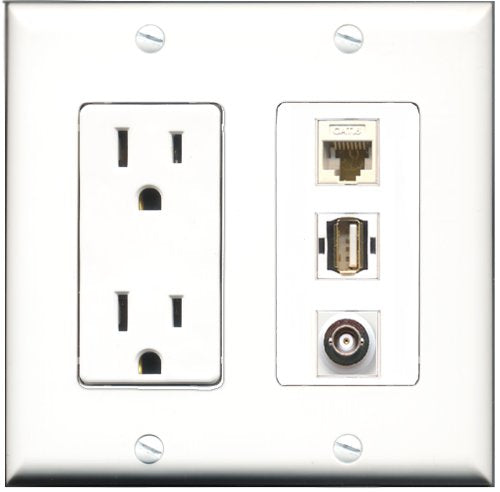 RiteAV - 15 Amp Power Outlet 1 Port USB A-A 1 Port BNC 1 Port Cat6 Ethernet Ethernet White Decorative Wall Plate
