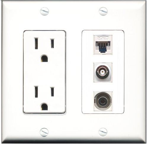 RiteAV - 15 Amp Power Outlet 1 Port 3.5mm 1 Port BNC 1 Port Cat5e Ethernet White Decorative Wall Plate