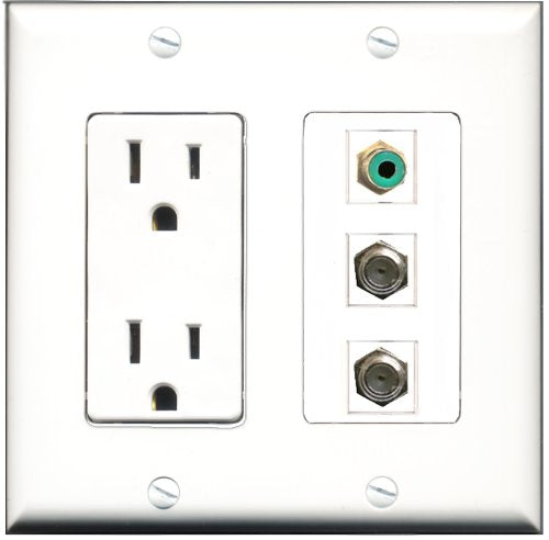 RiteAV - 15 Amp Power Outlet 1 Port RCA Green 2 Port Coax Decorative Wall Plate