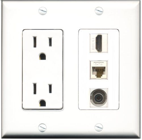 RiteAV - 15 Amp Power Outlet 1 Port HDMI 1 Port 3.5mm 1 Port Cat6 Ethernet Ethernet White Decorative Wall Plate