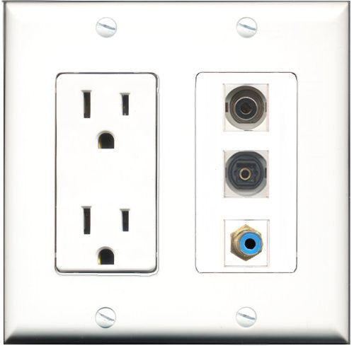 RiteAV - 15 Amp Power Outlet 1 Port RCA Blue 1 Port Toslink 1 Port 3.5mm Decorative Wall Plate