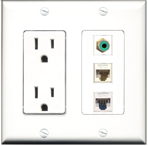 RiteAV - 15 Amp Power Outlet 1 Port RCA Green 1 Port Cat5e Ethernet White 1 Port Cat6 Ethernet Ethernet White Decorative Wall Plate