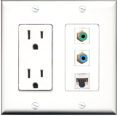 RiteAV - 15 Amp Power Outlet 1 Port RCA Green 1 Port RCA Blue 1 Port Cat5e Ethernet White Decorative Wall Plate