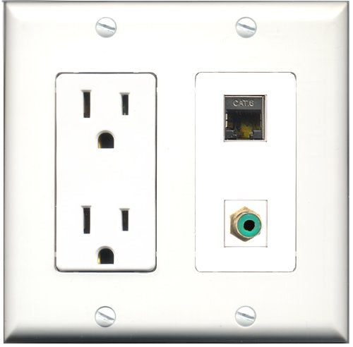RiteAV - 15 Amp Power Outlet and 1 Port RCA Green and 1 Port Shielded Cat6 Ethernet Decorative Type Wall Plate White