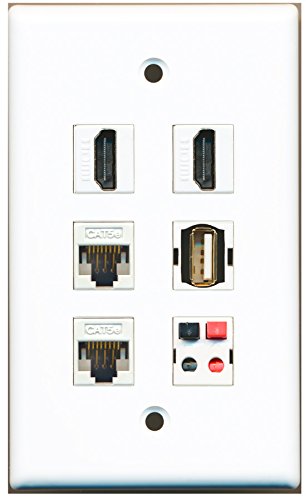 RiteAV - 2 HDMI 1 Port USB A-A 2 Port Cat5e Ethernet White 1 Port Speaker Wall Plate