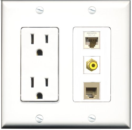 RiteAV - 15 Amp Power Outlet 1 Port RCA Yellow 1 Port Phone Beige 1 Port Cat6 Ethernet Ethernet White Decorative Wall Plate