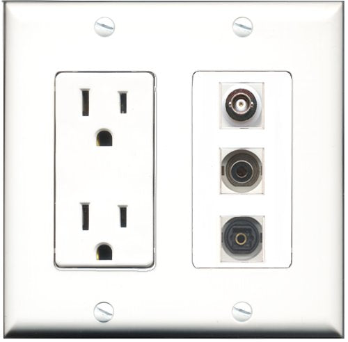 RiteAV - 15 Amp Power Outlet 1 Port Toslink 1 Port 3.5mm 1 Port BNC Decorative Wall Plate