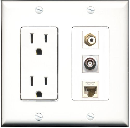 RiteAV - 15 Amp Power Outlet 1 Port RCA White 1 Port BNC 1 Port Cat6 Ethernet Ethernet White Decorative Wall Plate