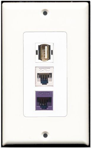 RiteAV - 1 Port USB A-A 1 Cat5e Ethernet White 1 Cat5e Ethernet Purple Wall Plate Decorative